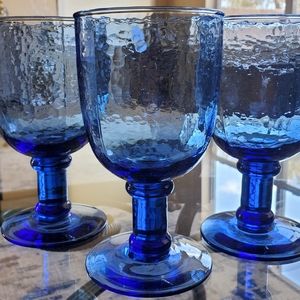 Three Vintage Blue Hammered Glass Stemmed Goblets
